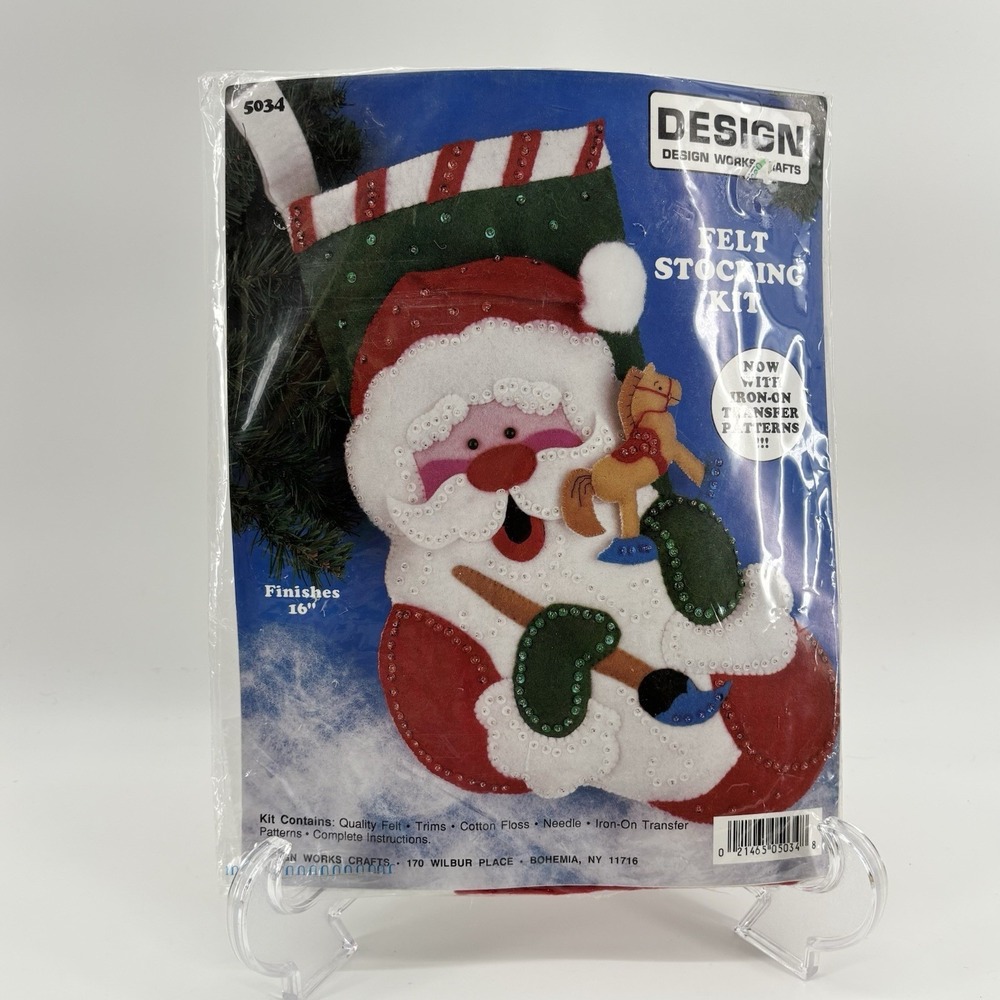 Design Works Felt Applique Christmas Stocking Kit SANTA & Rocking Horse #5034